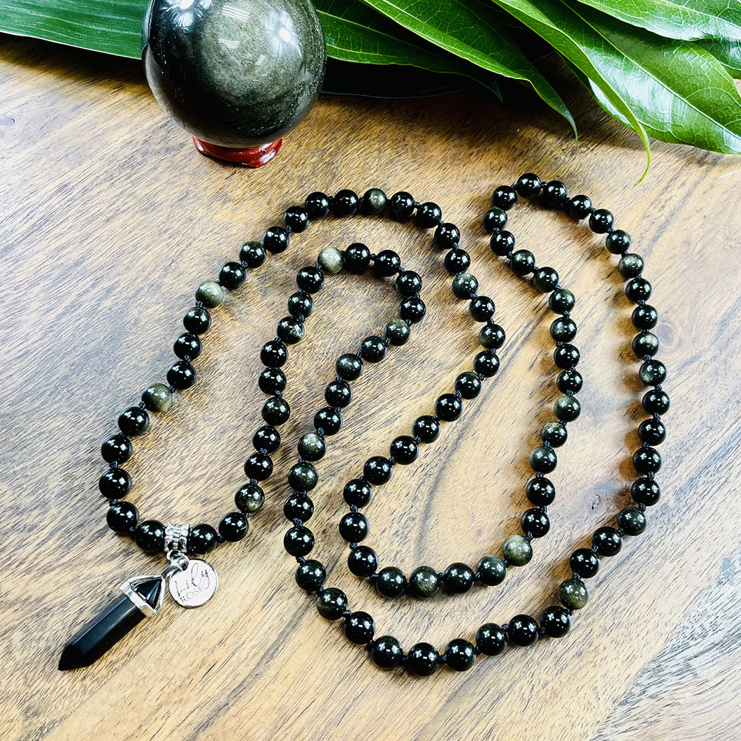 Glimmering Gold Sheen Obsidian Wizard Stone Energetic Shield 108 Hand Knotted Mala with Point Charm Pendant Necklace