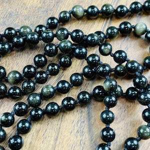 Glimmering Gold Sheen Obsidian Wizard Stone Energetic Shield 108 Hand Knotted Mala with Point Charm Pendant Necklace