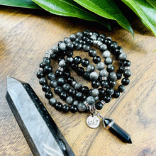 Load image into Gallery viewer, Limited Silver Sheen Obsidian Shamanic Journey 108 Stretch Mala Necklace Bracelet