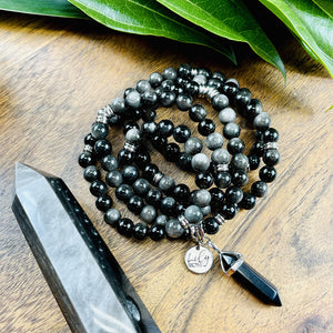 Limited Silver Sheen Obsidian Shamanic Journey 108 Stretch Mala Necklace Bracelet