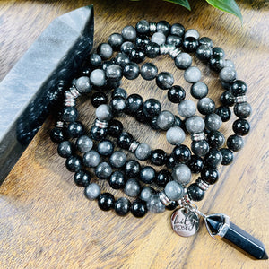 Limited Silver Sheen Obsidian Shamanic Journey 108 Stretch Mala Necklace Bracelet
