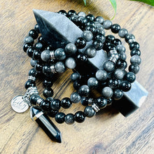 Load image into Gallery viewer, Limited Silver Sheen Obsidian Shamanic Journey 108 Stretch Mala Necklace Bracelet