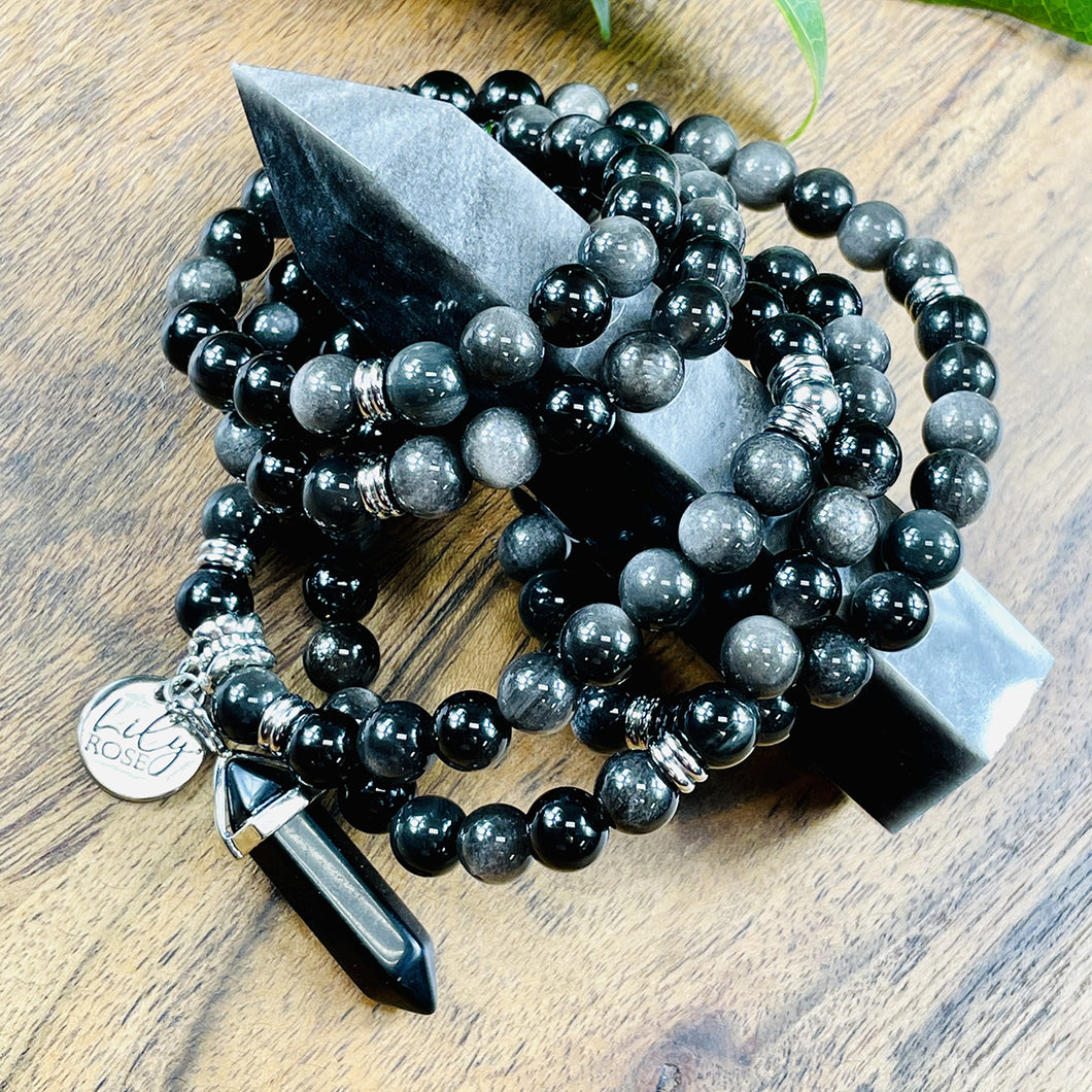 Limited Silver Sheen Obsidian Shamanic Journey 108 Stretch Mala Necklace Bracelet