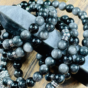 Limited Silver Sheen Obsidian Shamanic Journey 108 Stretch Mala Necklace Bracelet