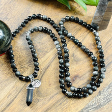 Load image into Gallery viewer, Limited Silver Sheen Obsidian Shamanic Journey 108 Stretch Mala Necklace Bracelet