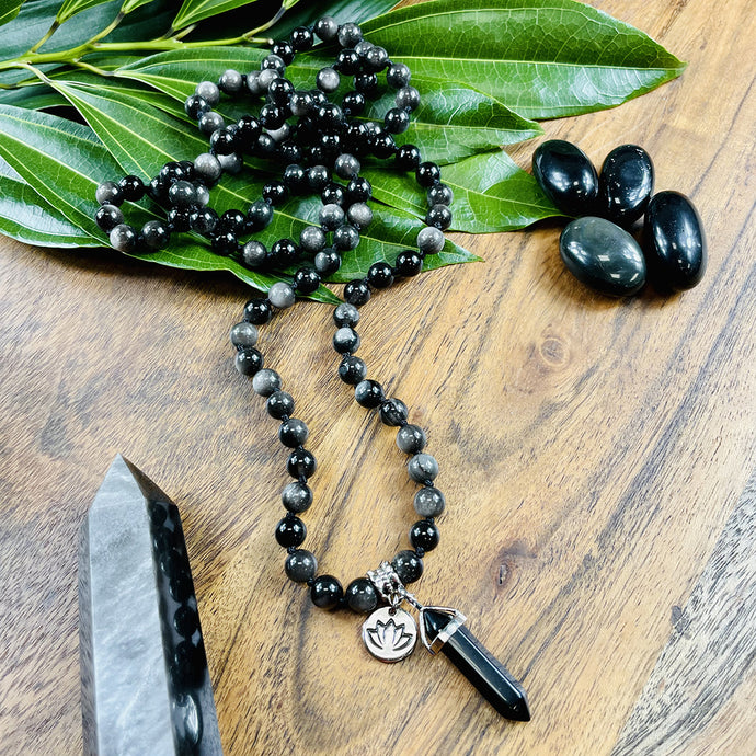 Limited Silver Sheen Obsidian Shamanic Journey 108 Hand Knotted Mala with Point Charm Pendant Necklace