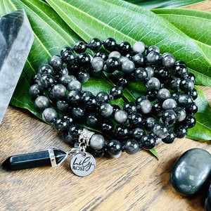 Limited Silver Sheen Obsidian Shamanic Journey 108 Hand Knotted Mala with Point Charm Pendant Necklace