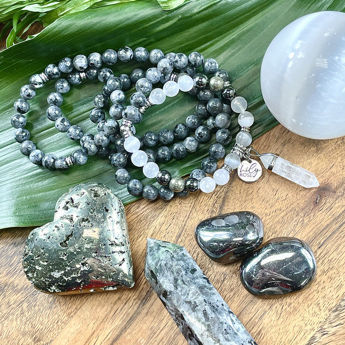 Limited Evil Eye Protection Labradorite Larvakite Pyrite Hematite Selenite Satin Spar 108 Stretch Mala Necklace Bracelet