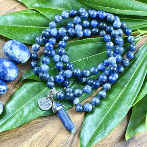 Sodalite Harmony and Truth 108 Hand Knotted Mala with Point Charm Pendant Necklace