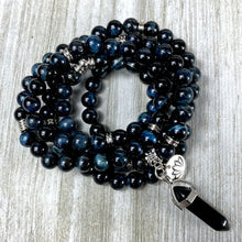 Load image into Gallery viewer, Limited Edition Hawk Eye &amp; Onyx 108 Stretch Mala Necklace Bracelet