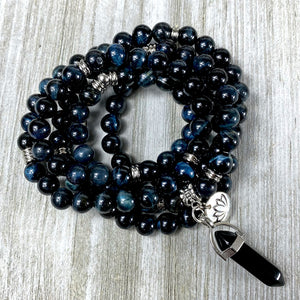 Limited Edition Hawk Eye & Onyx 108 Stretch Mala Necklace Bracelet