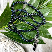 Load image into Gallery viewer, Limited Edition Hawk Eye &amp; Onyx 108 Stretch Mala Necklace Bracelet