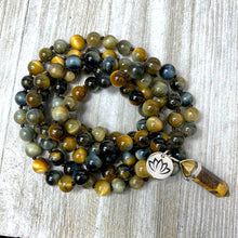 Load image into Gallery viewer, Limited Edition Honey Blue Tigers Eye Velvet Transitioning 108 Hand Knotted Mala with Point Charm Pendant Necklace