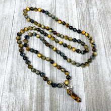 Load image into Gallery viewer, Limited Edition Honey Blue Tigers Eye Velvet Transitioning 108 Hand Knotted Mala with Point Charm Pendant Necklace