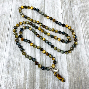 Limited Edition Honey Blue Tigers Eye Velvet Transitioning 108 Hand Knotted Mala with Point Charm Pendant Necklace