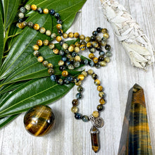 Load image into Gallery viewer, Limited Edition Honey Blue Tigers Eye Velvet Transitioning 108 Hand Knotted Mala with Point Charm Pendant Necklace
