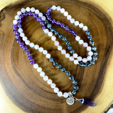 Load image into Gallery viewer, Limited Edition Triple Power Labradorite, Amethyst, Rose Quartz 108 Hand Knotted Mala with Point Charm Pendant Necklace