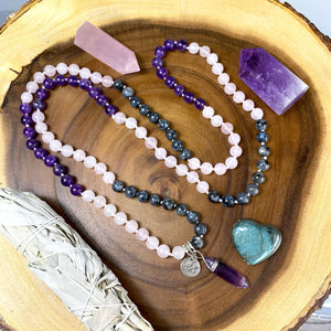 Limited Edition Triple Power Labradorite, Amethyst, Rose Quartz 108 Hand Knotted Mala with Point Charm Pendant Necklace