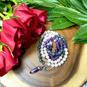 Limited Edition Triple Power Labradorite, Amethyst, Rose Quartz 108 Hand Knotted Mala with Point Charm Pendant Necklace