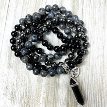 Load image into Gallery viewer, Limited Triple Power Grounding &amp; Stress Reliever Black Onyx Hematite Labradorite 108 Hand Knotted Mala with Point Charm Pendant Necklace