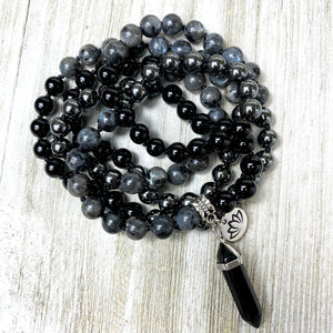 Limited Triple Power Grounding & Stress Reliever Black Onyx Hematite Labradorite 108 Hand Knotted Mala with Point Charm Pendant Necklace