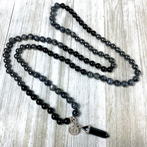Limited Triple Power Grounding & Stress Reliever Black Onyx Hematite Labradorite 108 Hand Knotted Mala with Point Charm Pendant Necklace