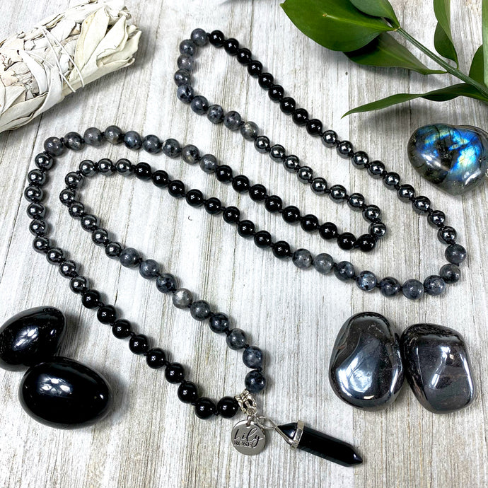 Limited Triple Power Grounding & Stress Reliever Black Onyx Hematite Labradorite 108 Hand Knotted Mala with Point Charm Pendant Necklace