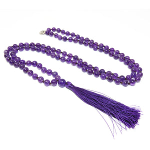 African Amethyst Queen Intuition 108 Hand Knotted Mala with Tassel Necklace