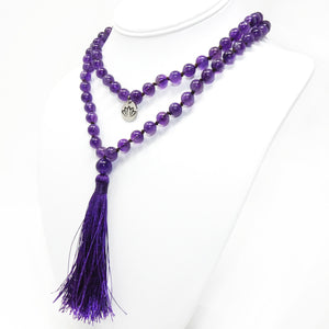 African Amethyst Queen Intuition 108 Hand Knotted Mala with Tassel Necklace