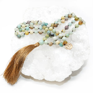 Australian Amazonite Clarity 108 Hand Knotted Mala with Tassel Necklace