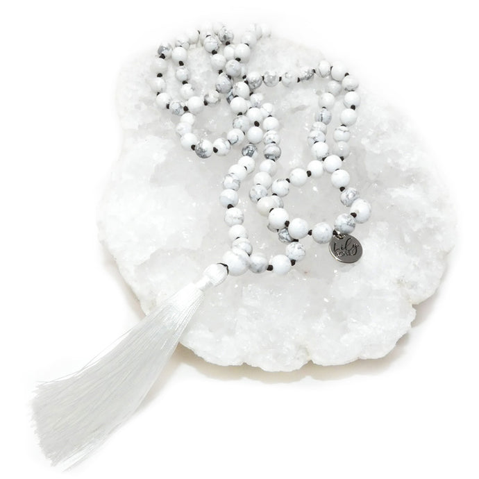 Howlite Happiness 108 Hand Knotted Mala with Tassel Necklace