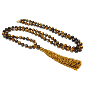 Tigers Eye Willpower 108 Hand Knotted Mala with Tassel Necklace
