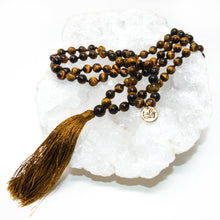Load image into Gallery viewer, Tigers Eye Willpower 108 Hand Knotted Mala with Tassel Necklace