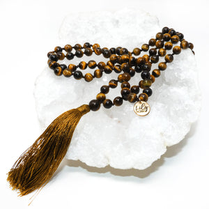 Tigers Eye Willpower 108 Hand Knotted Mala with Tassel Necklace