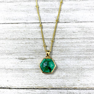 Malachite Power & Transformation Hexagon Pendant 18” Gold Necklace