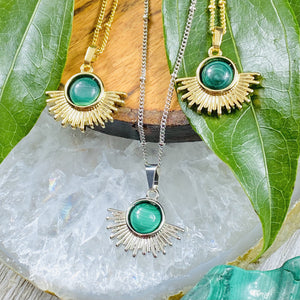 Malachite Ray of Light Sunburst Highest Energy Sun Pendant 18” Gold Necklace