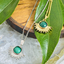 Load image into Gallery viewer, Malachite Ray of Light Sunburst Highest Energy Sun Pendant 18” Gold Necklace