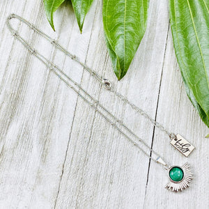 Malachite Ray of Light Sunburst Highest Energy Sun Pendant 18” White Gold Necklace