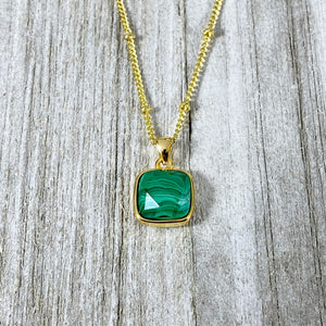 Malachite Power & Transformation Square Pendant 18” Gold Necklace