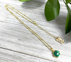 Malachite Power & Transformation Hexagon Pendant 18” Gold Necklace