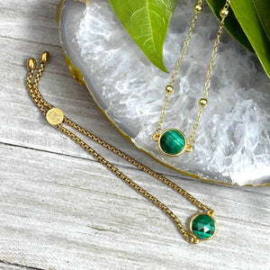 Malachite Power & Transformation Perfect Circle Choker 14” + 2" Gold Necklace