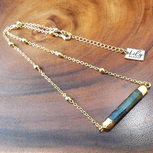 Minimalist Magician Wand Labradorite Bar Horizontal Pendant Choker 14" + 2" Gold Necklace