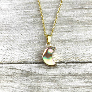 Abalone Minimalist Moon Inner Peace Pendant 18” Gold Necklace