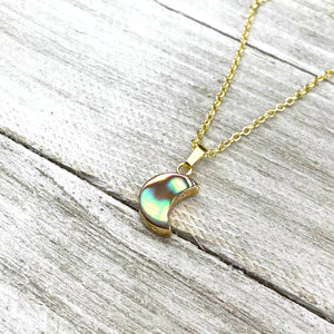 Abalone Minimalist Moon Inner Peace Pendant 18” Gold Necklace