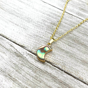 Abalone Minimalist Moon Inner Peace Pendant 18” Gold Necklace