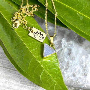 Aura Quartz Druzy Minimalist Triangle Energy Gemstone Pendant 18" Gold Necklace