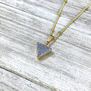 Aura Quartz Druzy Minimalist Triangle Energy Gemstone Pendant 18" Gold Necklace