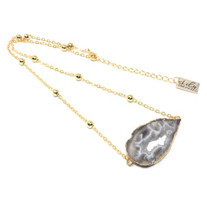 Inner Peace Druzy Quartz Geode Slice Pendant Choker 14" + 2" Gold Necklace