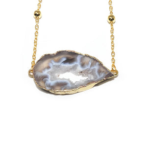 Inner Peace Druzy Quartz Geode Slice Pendant Choker 14" + 2" Gold Necklace