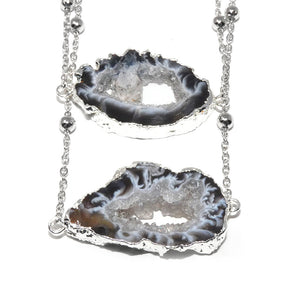 Inner Peace Druzy Quartz Geode Slice Pendant Choker 14" + 2" White Gold Necklace
